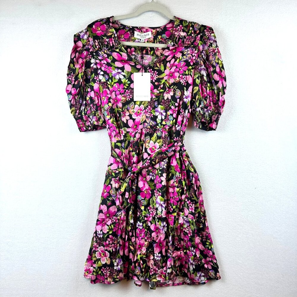 NWT Hale Bob June Charmeuse Mini Dress XS Floral Cottage Romantic Puff Sleeve